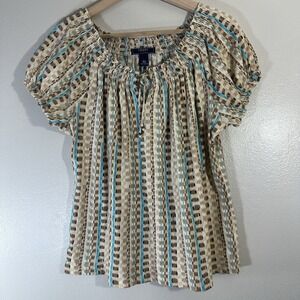 Chaps Womens‎ L Tan & Blue Striped 100% Cotton Keyhole Short Sleeve Shirt